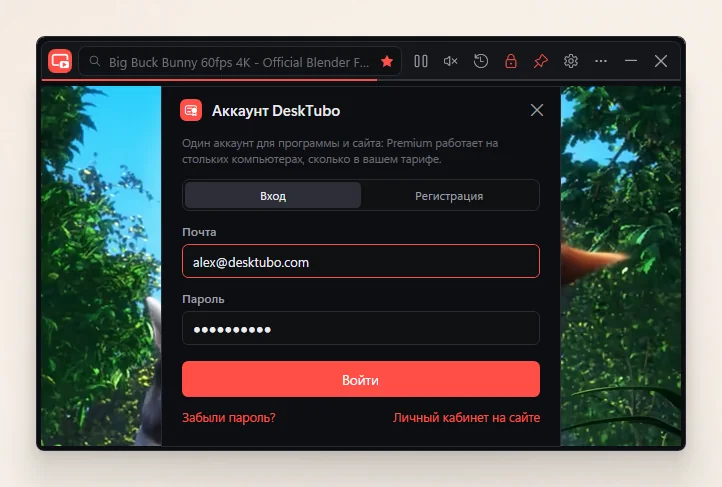 Окно входа в аккаунт DeskTubo